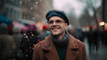 Portrait of a handsome young man in a beige coat and a knitted hat on a city street in the rainの素材