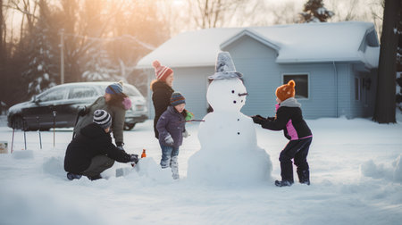 Family building a snowman on the street in winter. Happy family having fun in the snow.の素材