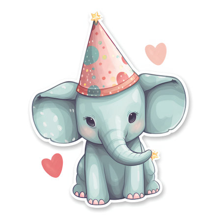 Cute cartoon elephant with birthday hat. Vector illustration isolated on white background.の素材
