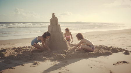 Girls playing with sand castle on the beach at the day time.の素材