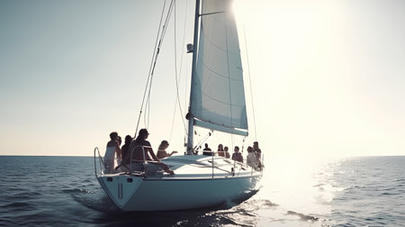 Group of friends on a sailboat in the sea at sunset.の素材