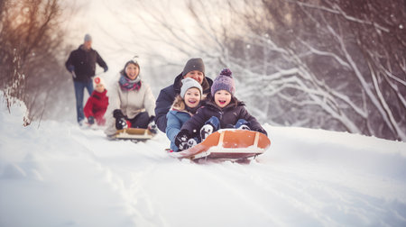 Happy family sledding in winter forest, parents with children having fun on snowの素材