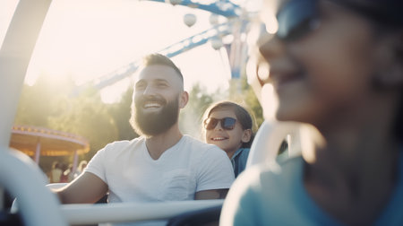 Happy family driving a car in amusement park. Focus on the manの素材