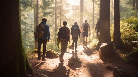 Group of friends hiking in the forest. Back view of young people with backpacks and backpacks walking in forest.の素材