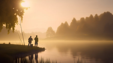 Silhouette of a man and a woman fishing on a lake at sunriseの素材