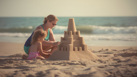 mother and little daughter building sand castle on beach. family vacation conceptの素材