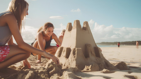 Two beautiful young women building sand castle on the beach in summer.の素材