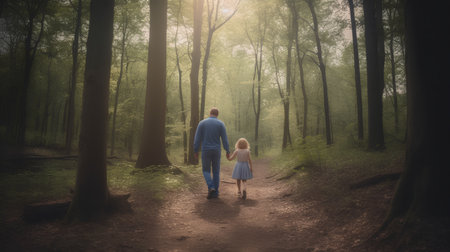 Father and daughter walking in the forest at sunset. Concept of happy family.の素材