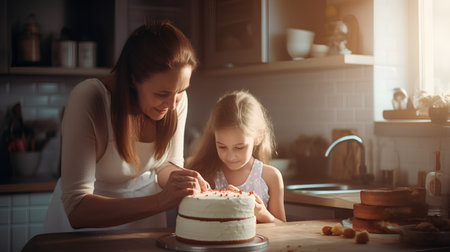 Mother and daughter decorating cake together in the kitchen at home.の素材