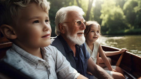 Portrait of a senior man with his grandchildren on a boat.の素材