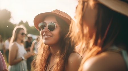 Image of young woman in hat and sunglasses on background of friends at music festivalの素材