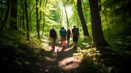 Group of young people hiking in the forest. Active lifestyle concept.の素材