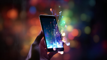 Close up of human hand holding smartphone with colorful bokeh backgroundの素材