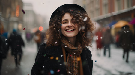 Beautiful young woman with curly hair on the background of winter streetの素材