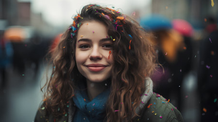Beautiful young woman with curly hair and colorful confetti in the cityの素材