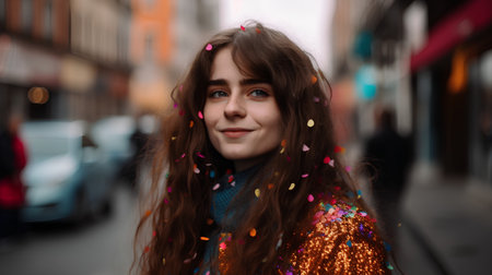 Portrait of beautiful young woman with confetti in the city.の素材
