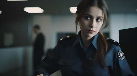 Young female security guard looking at camera with serious expression while standing in officeの素材