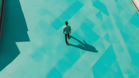 Aerial view of young man walking on the stairs in the cityの素材
