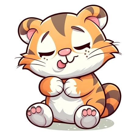 Illustration of a Cute Cartoon Tiger Sitting on a White Backgroundの素材