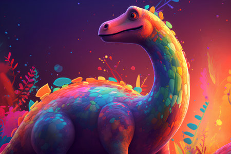 Cartoon dinosaur in the jungle. Colorful fantasy illustration for children.の素材