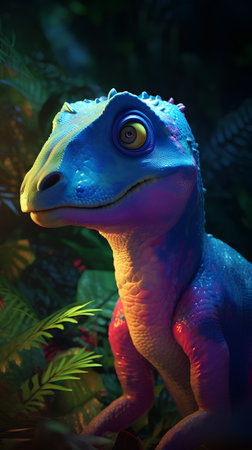 3D render of a colorful dinosaur in the jungle. Colorful lizard.の素材