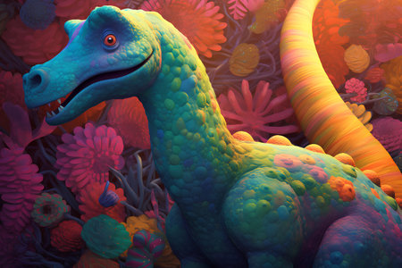 Dinosaur in the field of flowers. 3d render illustration.の素材
