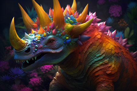 3D rendering of a fantasy dragon on a colorful background with flowersの素材