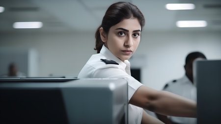 Portrait of a beautiful young business woman working on computer in officeの素材