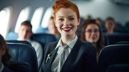 Smiling redhead businesswoman in the cabin of a commercial airplaneの素材