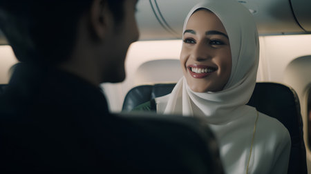 Arabic businesswoman talking with businessman in airplane. Business travel conceptの素材