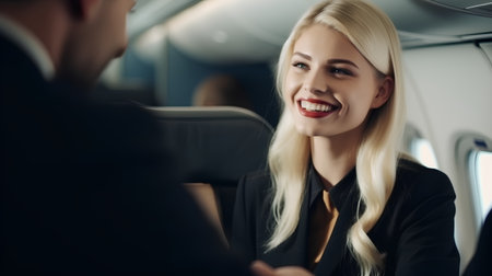 Businessman and businesswoman talking in airplane cabin. Focus on blondeの素材