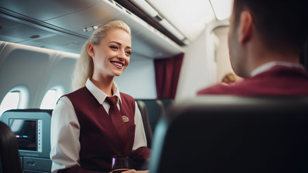 Beautiful stewardess in uniform sitting in plane and holding glass of wineの素材