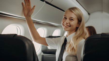 Smiling businesswoman in airplane interior. Business travel and vacation concept.の素材