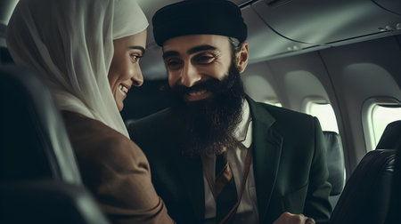 Arabic business couple traveling by plane. Muslim man and arabian woman in formalwear looking at each other and smiling while sitting in airplaneの素材