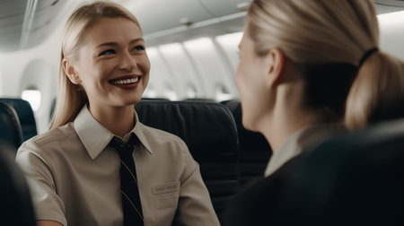 selective focus of smiling stewardess talking to flight attendant in airplaneの素材