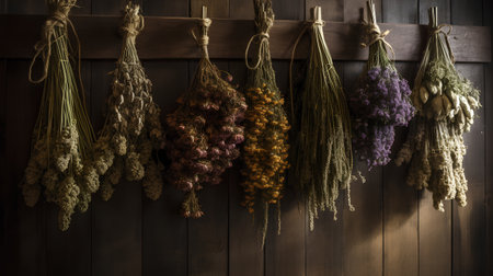 Dried flowers hanging on a wooden wall in a rustic styleの素材