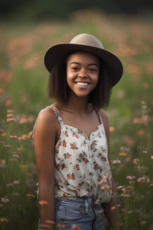 Portrait of a smiling young african american woman wearing hat standing in a field of flowersの素材