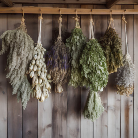 Dried herbs hanging on the wall of a rustic farmhouseの素材