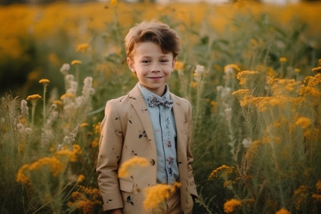 Little boy in the field of yellow flowers. Vintage style and colorの素材