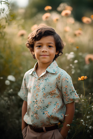 Portrait of a cute little boy standing in a field of flowers.の素材