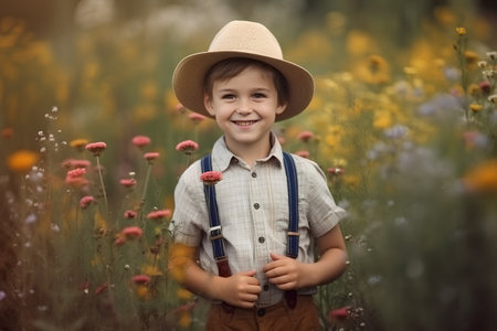 Portrait of a cute little boy in the field with wild flowersの素材