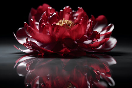 Beautiful red peony flower on a black background with water dropsの素材