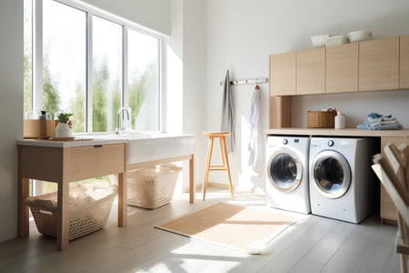 Laundry room interior with washing machine and basket. 3d renderingの素材