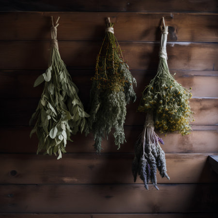 Dried herbs hanging on the wall of a rustic wooden houseの素材