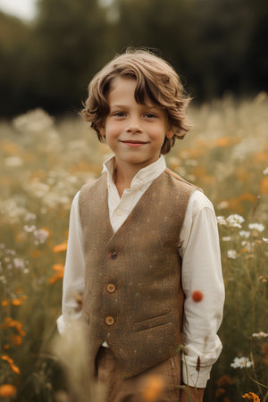 Portrait of a cute little boy in the field with flowers.の素材