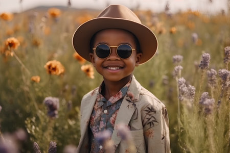 Portrait of a cute african american boy in a field of flowersの素材