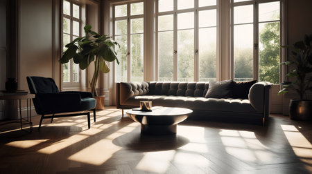 interior of luxury living room with sofa, armchair and windowの素材