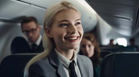 Portrait of smiling businesswoman in plane with colleagues in background.の素材