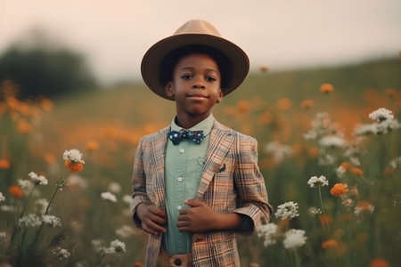 African american boy in checkered shirt, hat and bow tie standing in field of flowersの素材