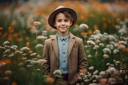 Portrait of a boy in a hat in a field of flowersの素材